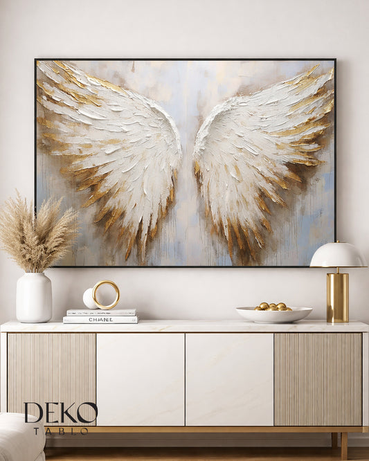 "Kelebek" Beyaz Gri ve Altın Detaylı Yağlı Boya Tablo
