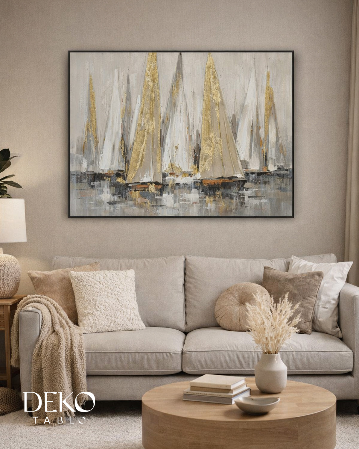 "Açık Deniz" Beyaz ve Gold Detaylı Yağlı Boya Tablo