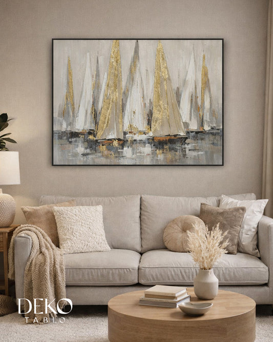 "Açık Deniz" Beyaz ve Gold Detaylı Yağlı Boya Tablo