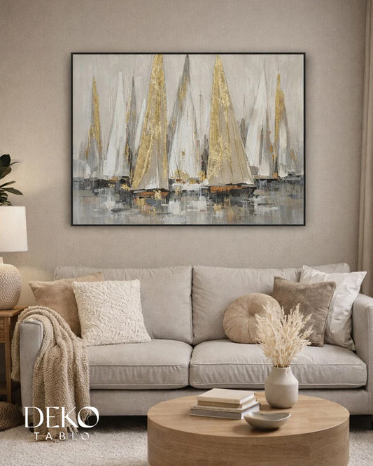 "Açık Deniz" Beyaz ve Gold Detaylı Yağlı Boya Tablo