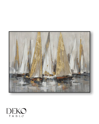 "Açık Deniz" Beyaz ve Gold Detaylı Yağlı Boya Tablo