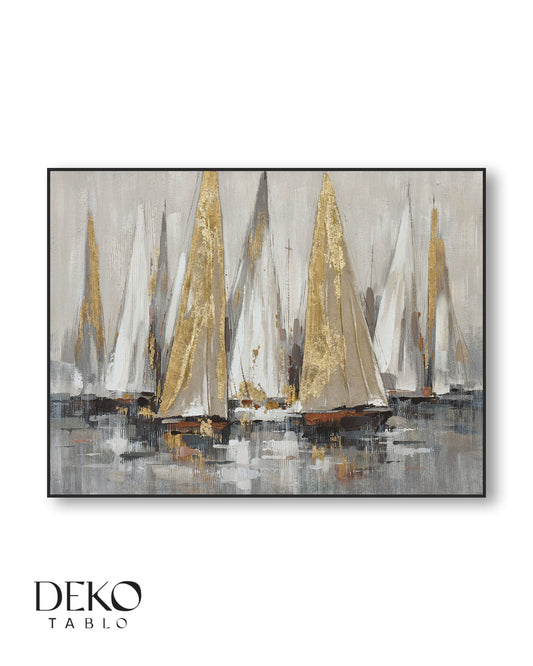 "Açık Deniz" Beyaz ve Gold Detaylı Yağlı Boya Tablo