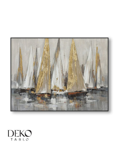 "Açık Deniz" Beyaz ve Gold Detaylı Yağlı Boya Tablo