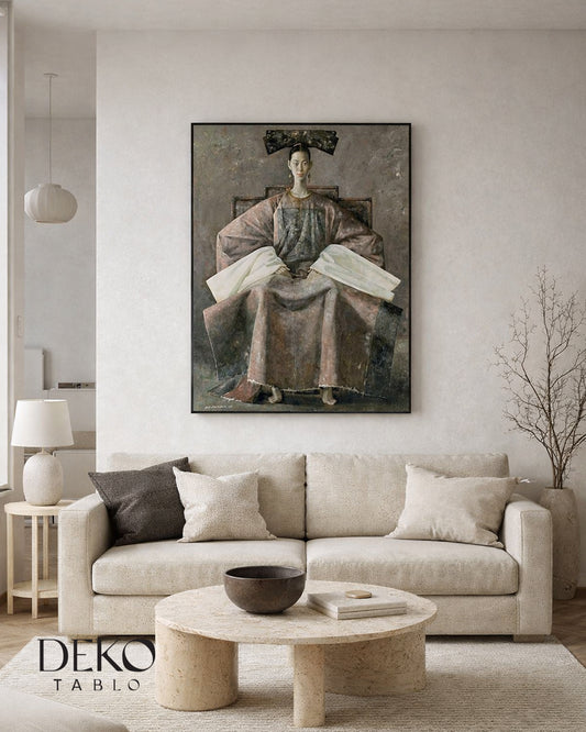 "Geleneksel" Gri Tonlarında Figür Detaylı Yağlı Boya Tablo