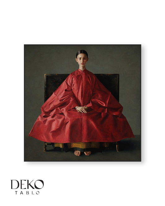 "Geyşa" Kırmızı Kimono Giyen Kadın Detaylı Yağlı Boya Tablo