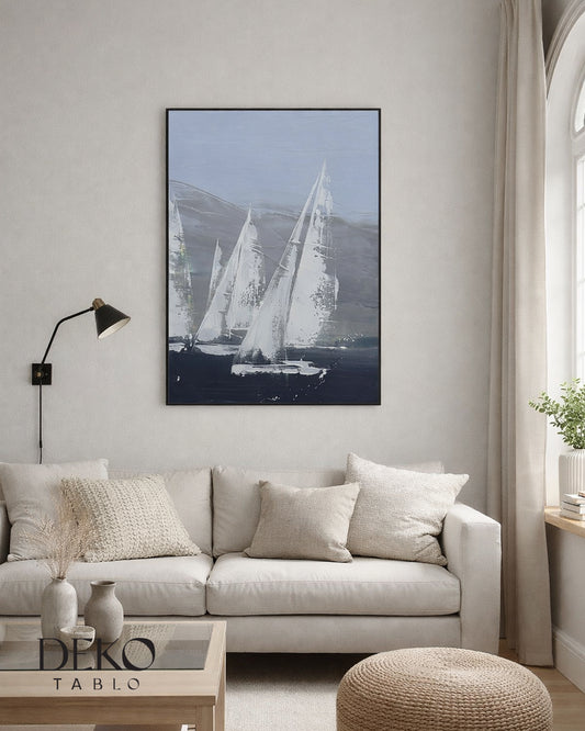 "Beyaz Yelkenler" Mavi ve Beyaz Detaylı Yağlı Boya Tablo