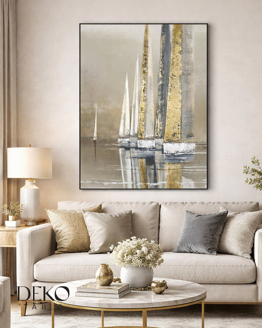 "Beyaz Yelken" Bej ve Gold Detaylı Manzara Yağlı Boya Tablo