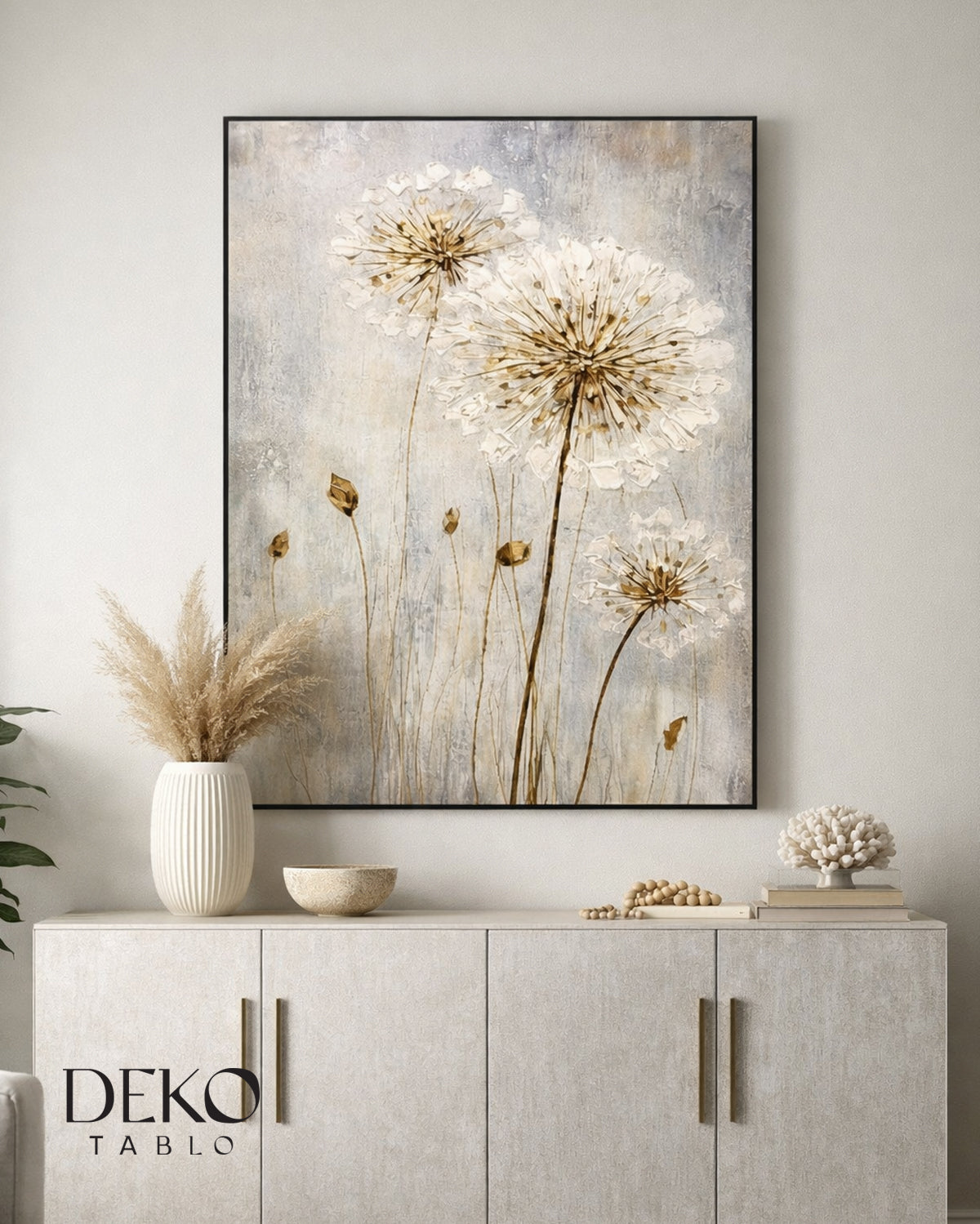 "Karahindiba" Beyaz Gri ve Gold Detaylı Yağlı Boya Tablo