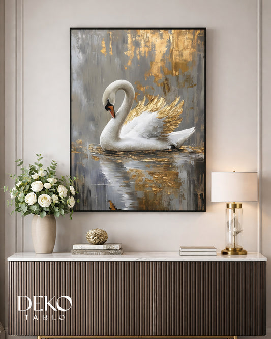 "Kuğu" Gri Siyah Beyaz ve Gold Detaylı Yağlı Boya Tablo