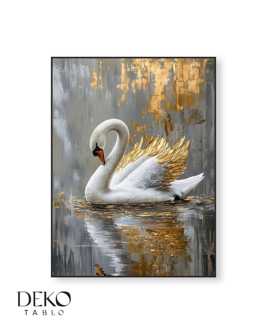 "Kuğu" Gri Siyah Beyaz ve Gold Detaylı Yağlı Boya Tablo