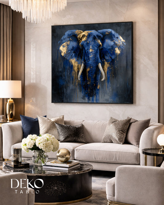 "Bereket" Gold Detaylı Mavi Fil Yağlı Boya Tablo