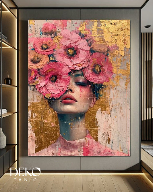 "Pembeli Çiçekli Kadın" Pembe Altın Detaylı Yağlı Boya Tablo