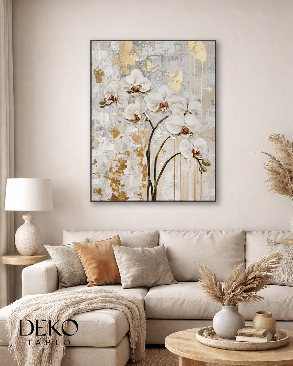 "Orkide" Beyaz ve Gold Detaylı Çiçek Yağlı Boya Tablo