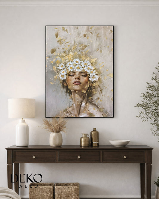 "Daisy" Beyaz ve Gold Detaylı Kadın Yağlı Boya Tablo