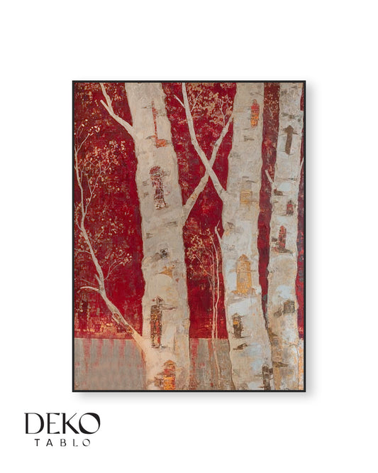 "Gövde" Kırmızı ve Gold Detaylı Beyaz Dallar Yağlı Boya Tablo
