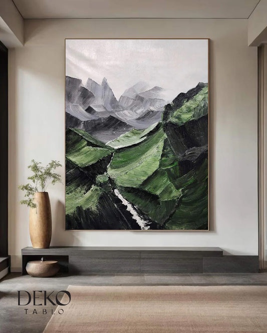 "Yosun" Yeşil Beyaz ve Antrasit Detaylı Yağlı Boya Tablo