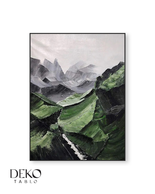 "Yosun" Yeşil Beyaz ve Antrasit Detaylı Yağlı Boya Tablo