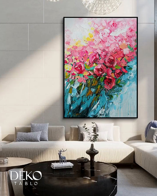 "Neşe" Turkuaz ve Beyaz Detaylı Pembe Çiçekler Yağlı Boya Tablo