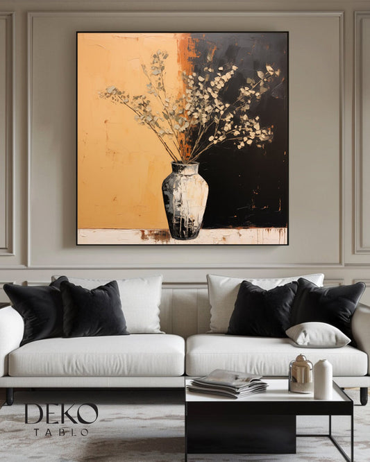 "Aura" Siyah Beyaz Turuncu Tonlarında Detaylı Yağlı Boya Tablo