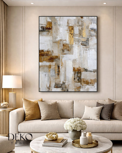 "Soft" Beyaz ve Gold Soyut Detaylı Yağlı Boya Tablo