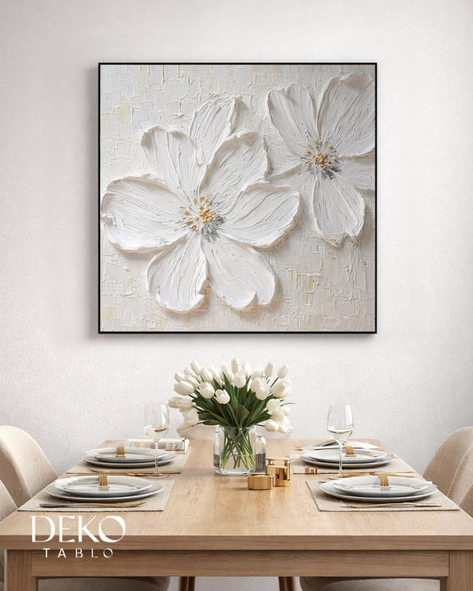 "Papatya" Beyaz ve Gold Tonlarında Detaylı Yağlı Boya Tablo