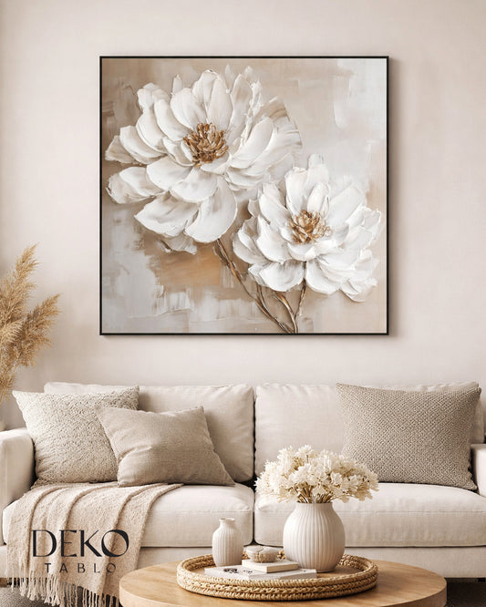 "Bahar" Beyaz Bej ve Gold Çiçek Detaylı Yağlı Boya Tablo
