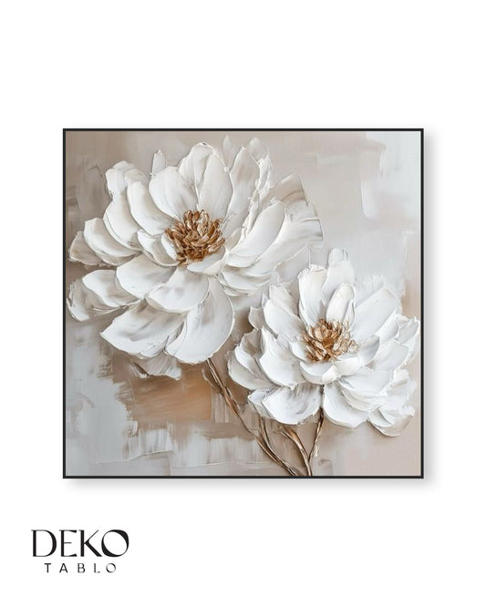 "Bahar" Beyaz Bej ve Gold Çiçek Detaylı Yağlı Boya Tablo