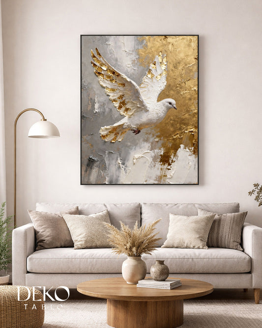 "Barış" Beyaz Gri ve Gold Soyut Detaylı Yağlı Boya Tablo