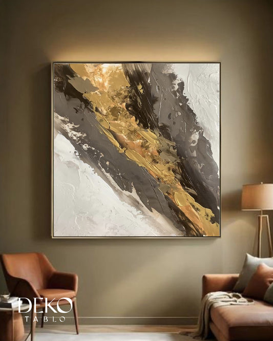 "Akış" Beyaz Gri ve Gold Detaylı Soyut Yağlı Boya Tablo