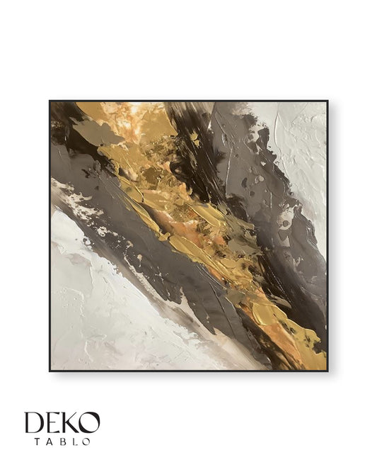 "Akış" Beyaz Gri ve Gold Detaylı Soyut Yağlı Boya Tablo
