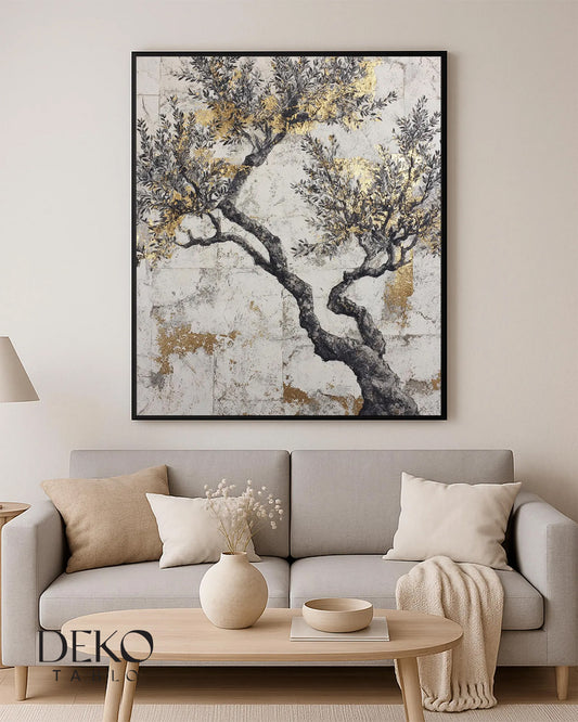 "Zeytin Ağacı" Siyah Gri Beyaz ve Gold Detaylı Yağlı Boya Tablo