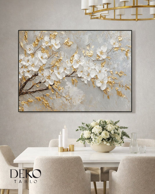 "Haziran" Gri Beyaz ve Gold Detaylı Yağlı Boya Tablo