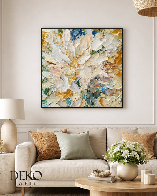 "Dinamik" Beyaz Mavi Sarı ve Turuncu Detaylı Yağlı Boya Tablo