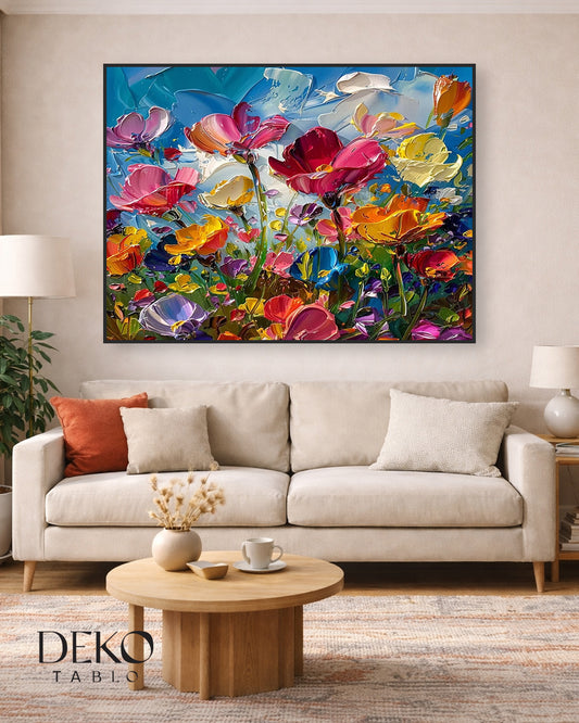 "Renkli Çiçekler" Pembe Mavi Sarı ve Turuncu Detaylı Yağlı Boya Tablo
