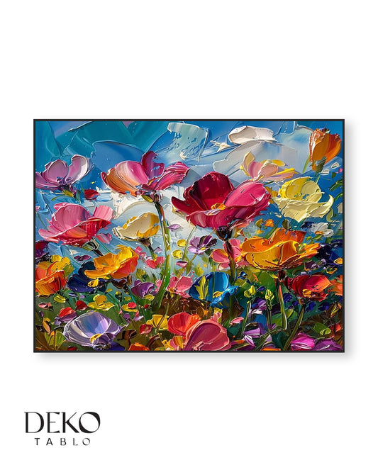 "Renkli Çiçekler" Pembe Mavi Sarı ve Turuncu Detaylı Yağlı Boya Tablo