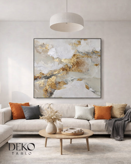 "Işık" Beyaz Gri ve Gold Detaylı Yağlı Boya Tablo