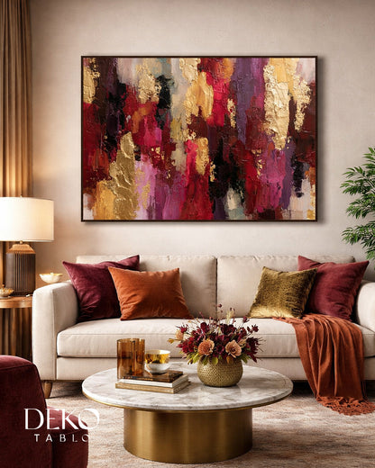 "Avangart" Bordo Fuşya ve Gold Detaylı Yağlı Boya Tablo