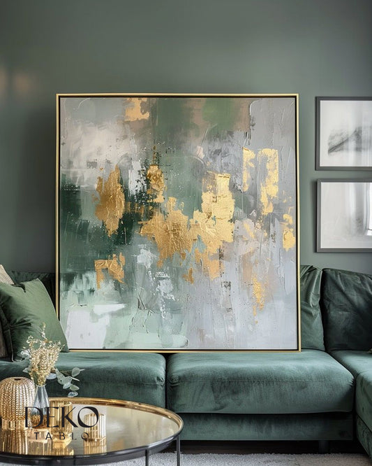"River" Yeşil Beyaz ve Gold Detaylı Yağlı Boya Tablo