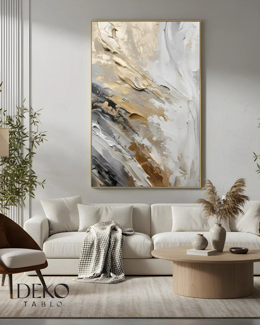 "Floarian" Beyaz Antrasit ve Gold Detaylı Yağlı Boya Tablo