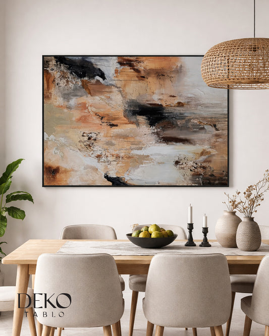 "Kumsal" Beyaz Siyah Turuncu ve Kahve Detaylı Yağlı Boya Tablo