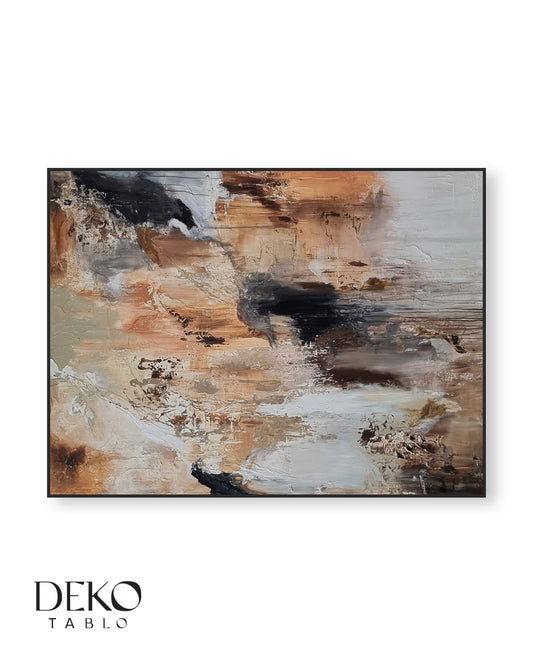 "Kumsal" Beyaz Siyah Turuncu ve Kahve Detaylı Yağlı Boya Tablo