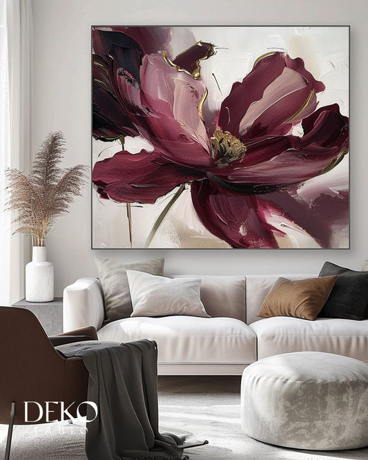 "Pastel" Bordo Beyaz ve Altın Tonlarında Detaylı Yağlı Boya Tablo