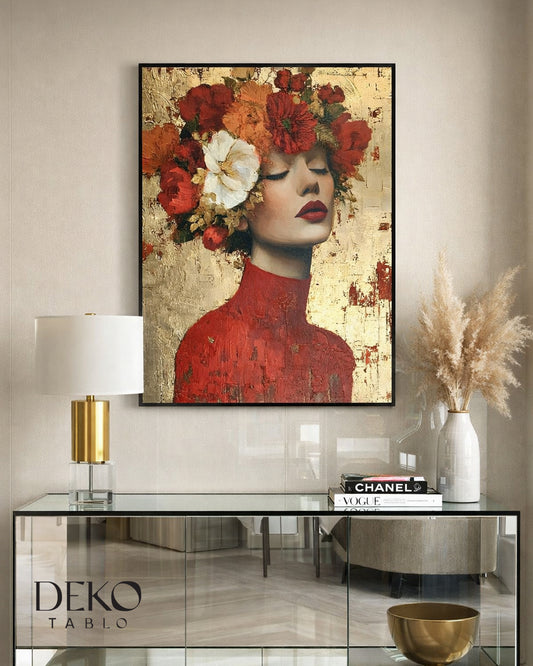 "Caroline" Kırmızı ve Gold Tonlarında Detaylı Yağlı Boya Tablo