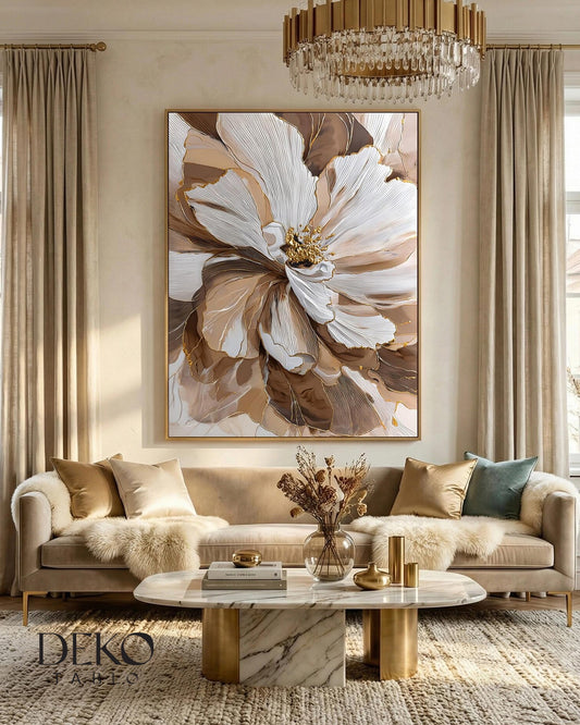 "Latte" Kahve Tonları ve Gold Detaylı Çiçek Figürlü Yağlı Boya Tablo