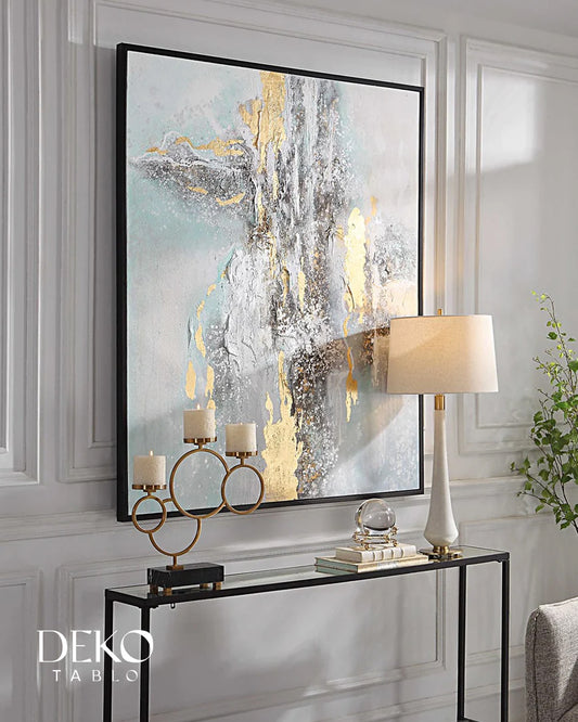"Mist" Gri Turkuaz ve Altın Tonları ve Beyaz Detaylı Yağlı Boya Tablo