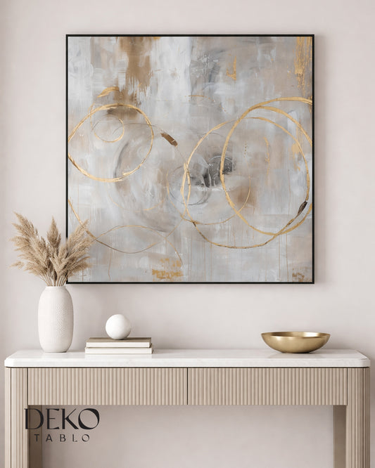 "Yansıma" Beyaz Gri ve Gold Daire Detaylı Yağlı Boya Tablo
