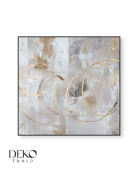 "Yansıma" Beyaz Gri ve Gold Daire Detaylı Yağlı Boya Tablo