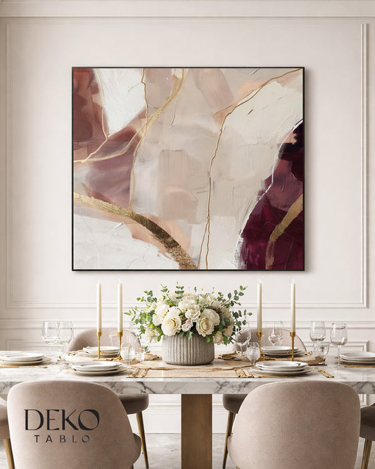 "Diva" Bordo Beyaz Bej ve Altın Tonlarında Detaylı Yağlı Boya Tablo
