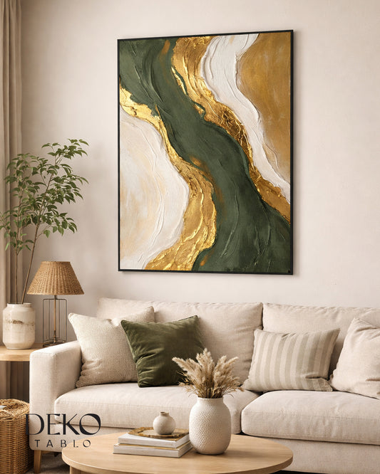 "Serenity" Yeşil Beyaz ve Altın Tonları Detaylı Yağlı Boya Tablo