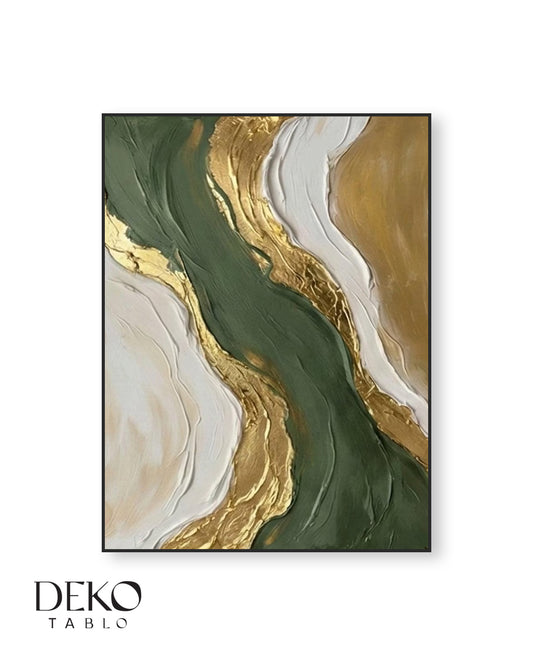 "Serenity" Yeşil Beyaz ve Altın Tonları Detaylı Yağlı Boya Tablo